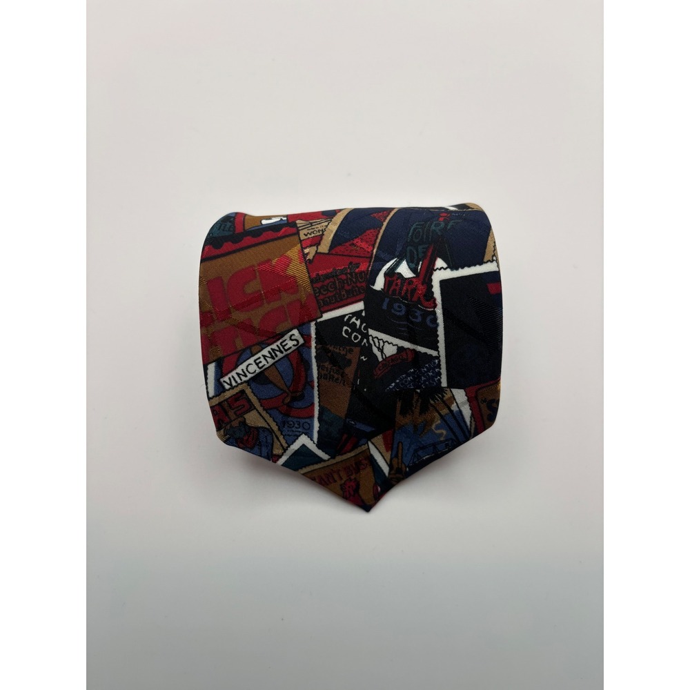 Envoy Limited Edition Vintage Travel Stamp Postcard Print Tie USA Made Red Navy